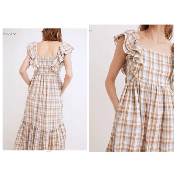 Madewell Ruffle-Sleeve Plaid Tiered Midi Dress in Plaid 14 Preppy Cottagecore - Picture 3 of 8